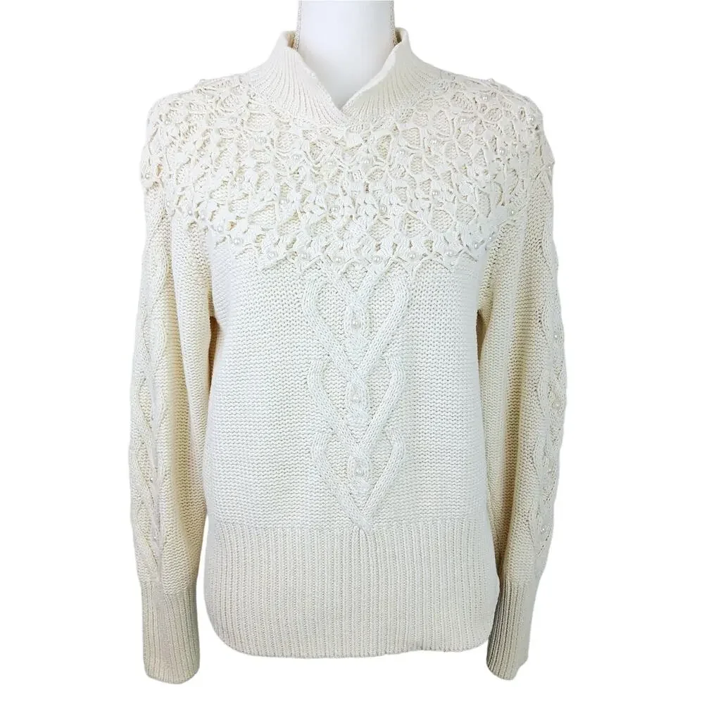 Sarah Taylor Collection VTG SZ M Cable Knit Cream Sweater Crochet Pearls 80's